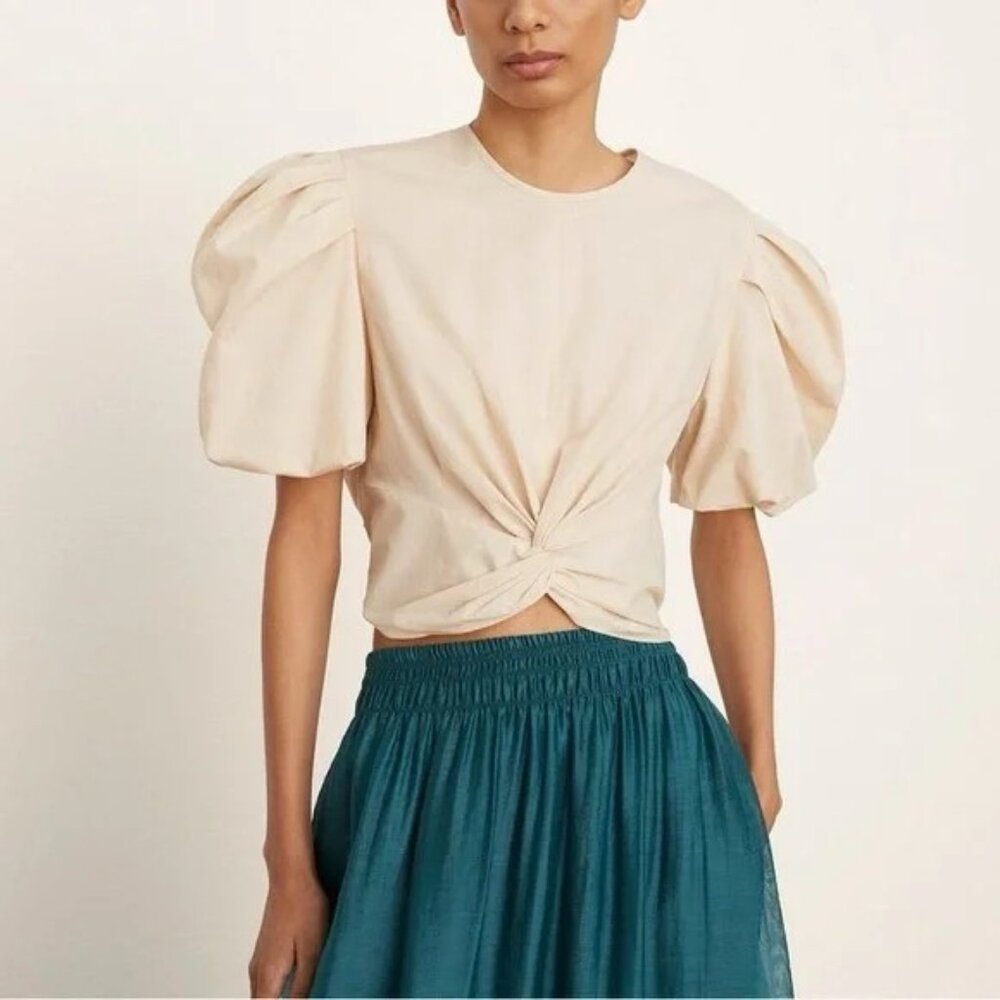 Vince Front Twist Puff Sleeve Cotton Blouse